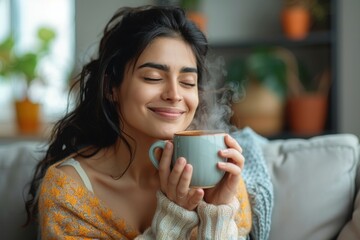 Peaceful young indian lady sitting on couch with closed eyes, enjoy drinking coffee, enjoying morning with warm drink in living room, copy space
