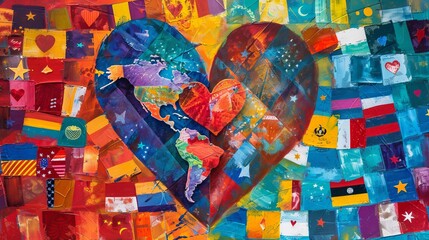 Fototapeta premium This vibrant image has a large heart in the center with a world map surrounded by numerous smaller flags of different countries, symbolizing unity, love, and world peace.