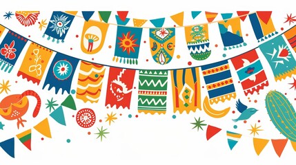 Obraz premium A vibrant image filled with multicolored festive banners and decorative flags, creating a lively and joyful atmosphere, perfect for celebrations and cultural events.