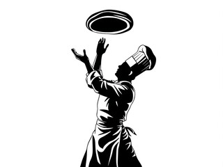 Silhouette of a chef tossing a pizza dough in the air.