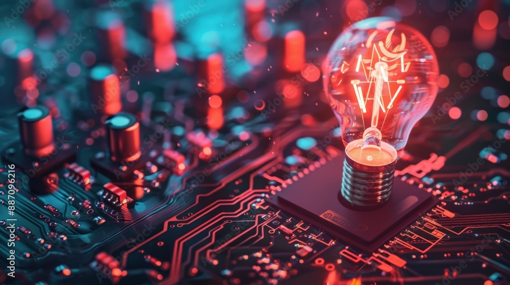 Poster lightbulb on a circuit board - illuminated idea
