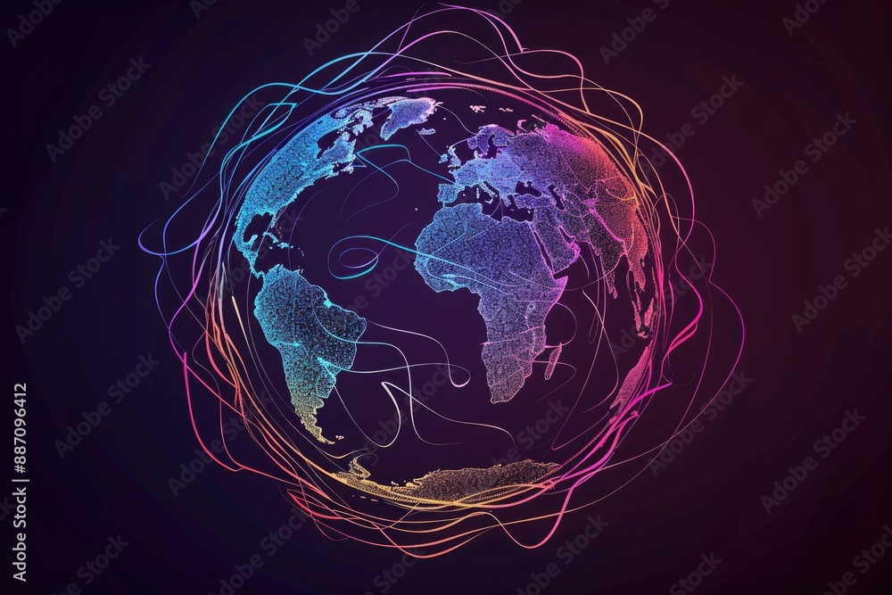Fototapete Map showing interconnected world with multiple lines representing communication and data flows