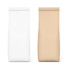 Coffee and tea bag mockup set. High realistic vector illustration isolated on white background. Ready for use in presentation, promo, advertising and more. EPS10.