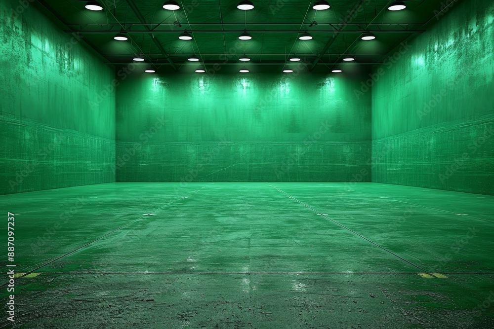 Aufkleber empty green room with overhead lighting, creating a minimalistic and futuristic environment.