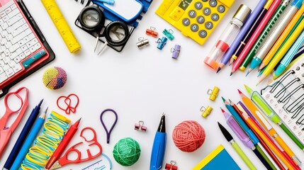 Different colored office and school supplies like pencils, pens, markers, calculator, and often used stationery items artistically arranged within a rectangular frame.