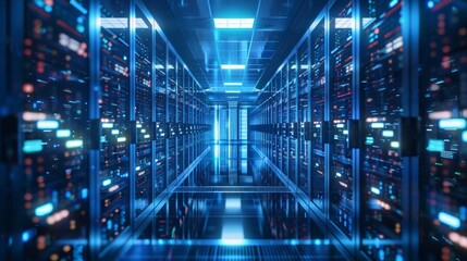 Obraz premium Modern server room with illuminated server racks and advanced technology infrastructure in a futuristic environment