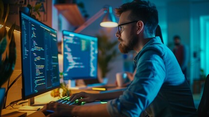 Developing programmer development website design and coding technologies working in software company office.