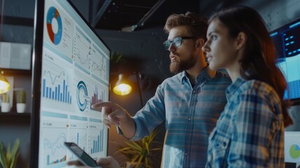 Female developer and male statistician use interactive whiteboard presentation touchscreen to look at charts graphs and growth statistics. they work in the stylish creative office.