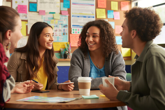 A group of people are sitting around a table, smiling and laughing