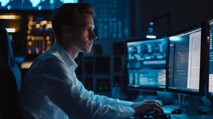 Profile side view portrait of his he nice attractive skilled focused serious guy writing script ai tech support devops creating digital solution front-end in dark room workplace station indoors.