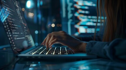 Closeup coding on screen woman hands coding html and programming on screen laptop development web developer.