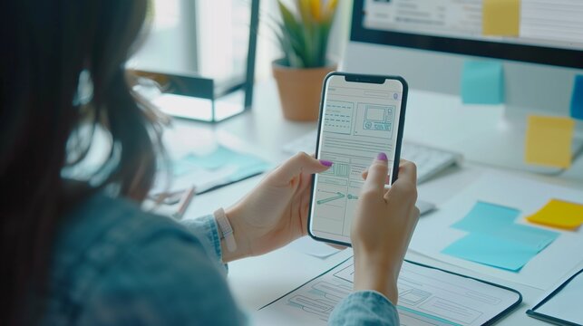 Creative web designer planning application and developing template layout framework for mobile phone. user experience (ux) concept.
