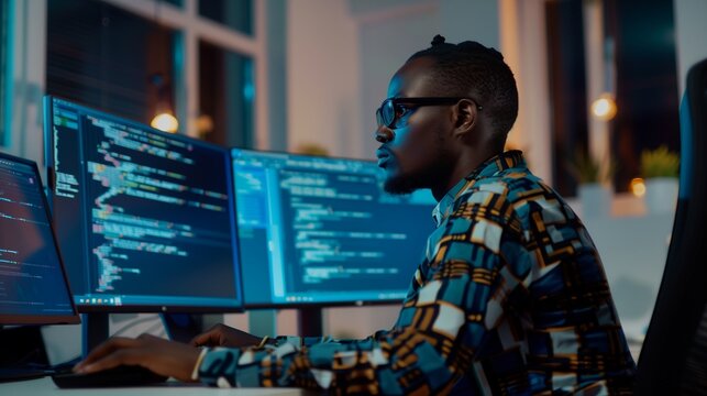 Young african male programmer writing program code sitting at the workplace with three monitors in the office. image focused on the screen.
