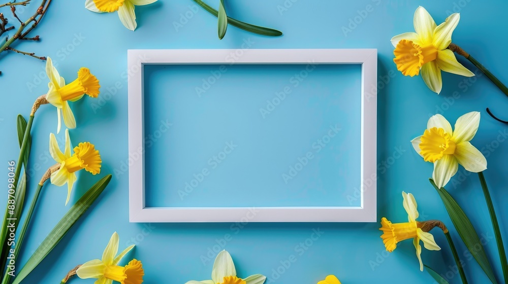Poster yellow daffodils on a blue background with a white frame blank space for text top down arrangement