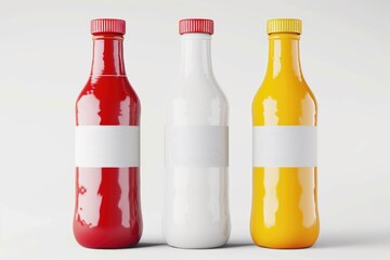 Three condiment bottles on a clean white surface, ideal for food photography or packaging designs
