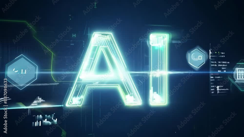 Poster the letters ai are displayed in glowing green on a digital circuit board.