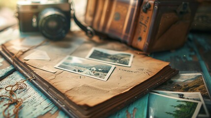 A travel journal filled with photographs next to a camera and leather bag, representing the excitement and beauty of capturing and preserving travel memories through images.