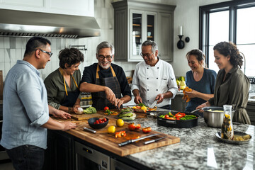 A group of people are gathered around a kitchen counter, preparing food together