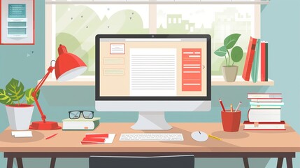 A modern desk set up with a computer, books, a lamp, and plants, all placed in front of a large window showcasing a scenic view. This image represents the ideal workspace for productivity and relaxat