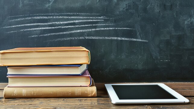 A stack of books sits next to a tablet on a wooden desk, with a chalkboard covered in chalk marks in the background. This image represents the blend of traditional and modern learning.