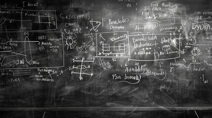 This image shows a chalkboard cluttered with mathematical equations, diagrams, and various annotations, representing intense academic or scientific brainstorming.