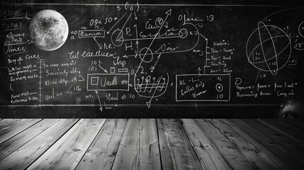 A variety of complex mathematical and scientific equations cover a large blackboard. This image symbolizes intellectual challenge, academic study, and the pursuit of knowledge in the fields of scienc