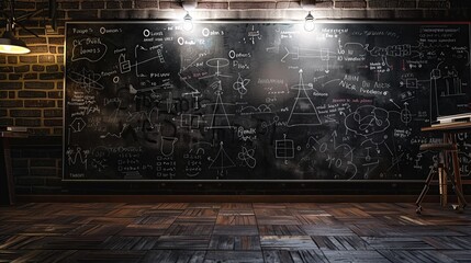 A large chalkboard filled with scientific notations, diagrams, and abstract art, capturing a moment of academic study and creative exploration in a classroom setting.