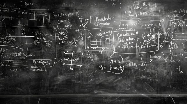 This image shows a chalkboard cluttered with mathematical equations, diagrams, and various annotations, representing intense academic or scientific brainstorming.
