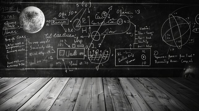 A variety of complex mathematical and scientific equations cover a large blackboard. This image symbolizes intellectual challenge, academic study, and the pursuit of knowledge in the fields of scienc