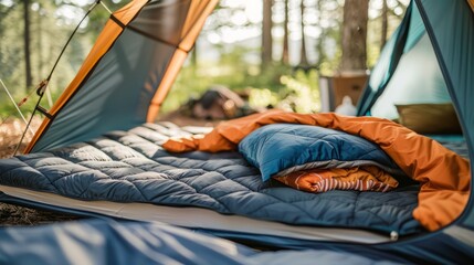 A blue and orange sleeping bag rests on a blue quilted camping mat inside a tent, bathed in warm sunlight filtering through the forest canopy