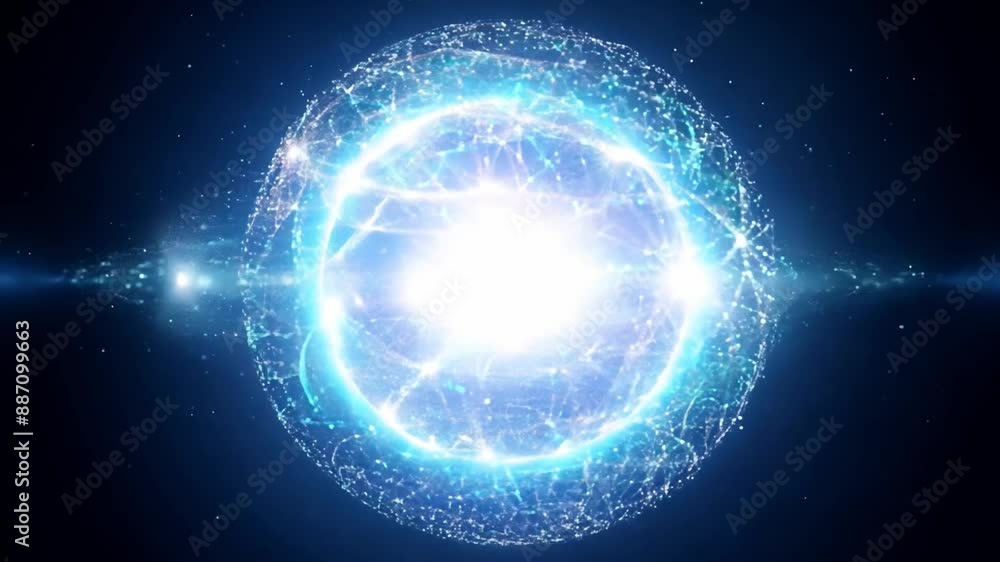 Poster a glowing, blue sphere in a dark space. the sphere is surrounded by a network of light and small par