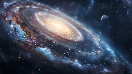 Cosmic galaxy swirling stars and planets