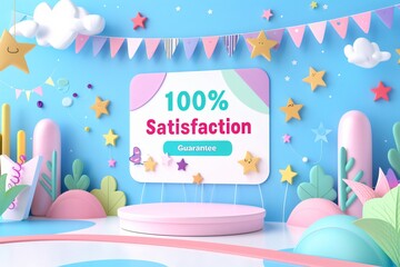 an illustration of 3d rendering of a festive podium stage with a 100 percent satisfaction guarantee sign