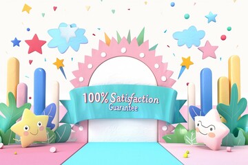 an illustration of Pink and blue stage decorated with stars announcing 100 percent satisfaction guarantee