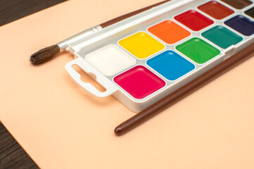 Paintbrushes and palette of watercolor paints	