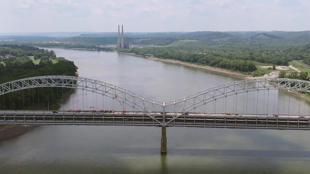 Aerial Drone Sherman Minton Bridge Ohio River Medium Pull Back and Tilt Up