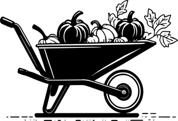 A Wheelbarrow full of pumpkin with leaves