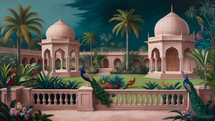 Mughal garden, arch, peacock, plant botanical landscape illustration. Modern Art, Prints, posters, wallpapers, murals background.