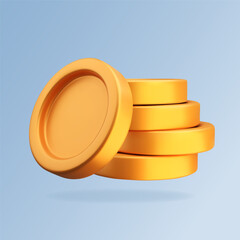 3D bunch of gold coins. Isolated stylized stack of money on blue background. Vector illustration of finance and investment symbol for apps, games, banner or flyer