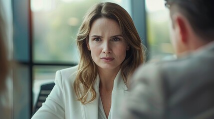 Fototapeta premium Businesswoman in a white blazer discussing with colleagues in the office, during a job interview