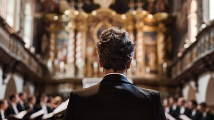 Fototapeta premium Orchestra Conductor Leading Performance in Ornate Concert Hall