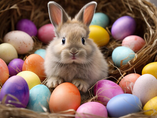 Cute Bunny and Colorful Easter Eggs