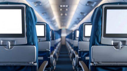 empty airplane chairs with a blank screen