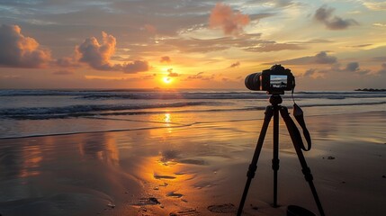 A camera on a tripod sits on the beach capturing the stunning sunset, with the beautiful rays illuminating the sky with shades of orange and pink reflecting on the calm water.