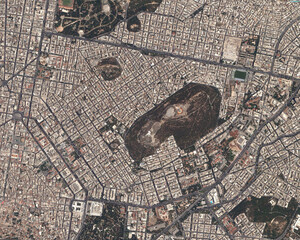 Aerial city, map pattern and satellite view of urban road, building and cityscape outdoor of town. New York and above with streets, neighborhood and architecture with commercial development from top