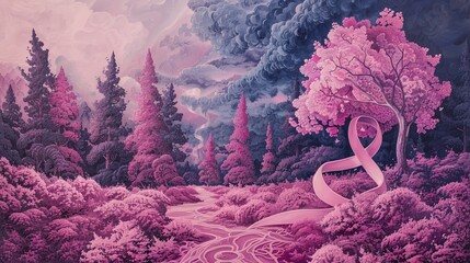 A surreal image of a fantasy landscape featuring a pink ribbon entwined with a tree, surrounded by lush pink foliage and a dramatic sky, evoking a sense of wonder.