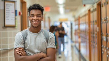 Obraz premium African American Male Student Standing in University Hallway, Education, Diversity, Academics, Smiling Youth