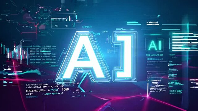 A glowing blue neon AI logo with a digital interface background.