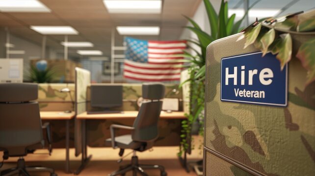 Office with "Hire Veteran" sign, American flag, cubicles, and military-themed decor