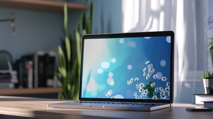 Open laptop with floral wallpaper in serene workspace